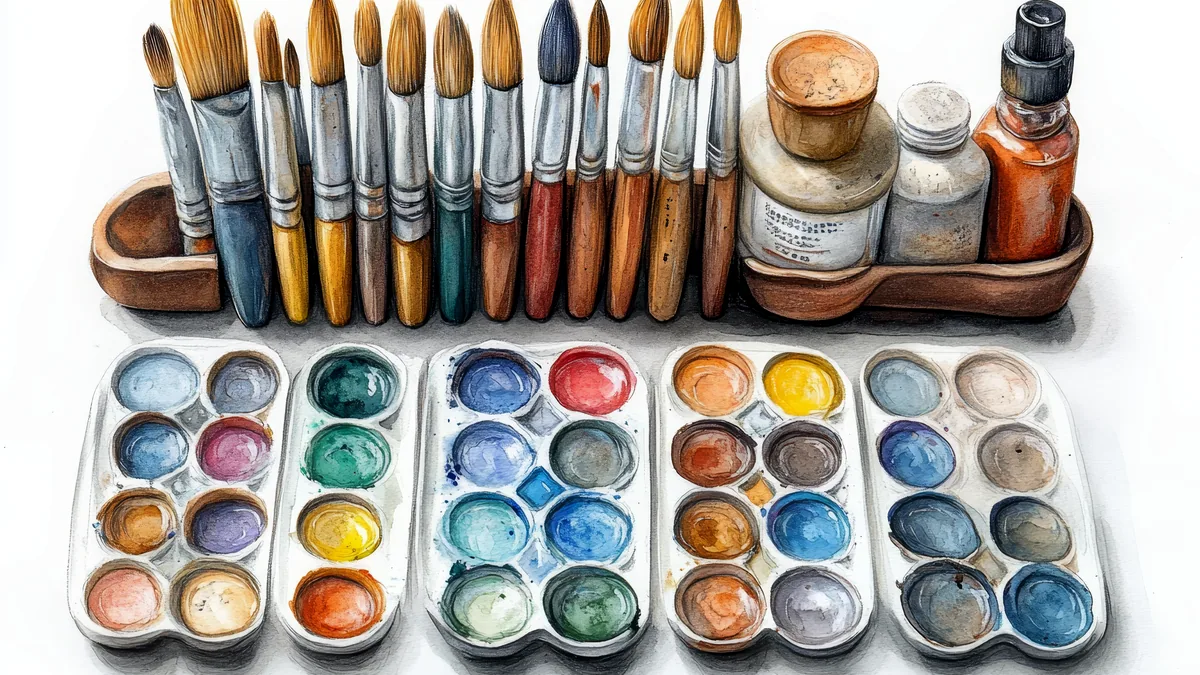 Watercolor brushes resting on a palette with streaks of wet paint.