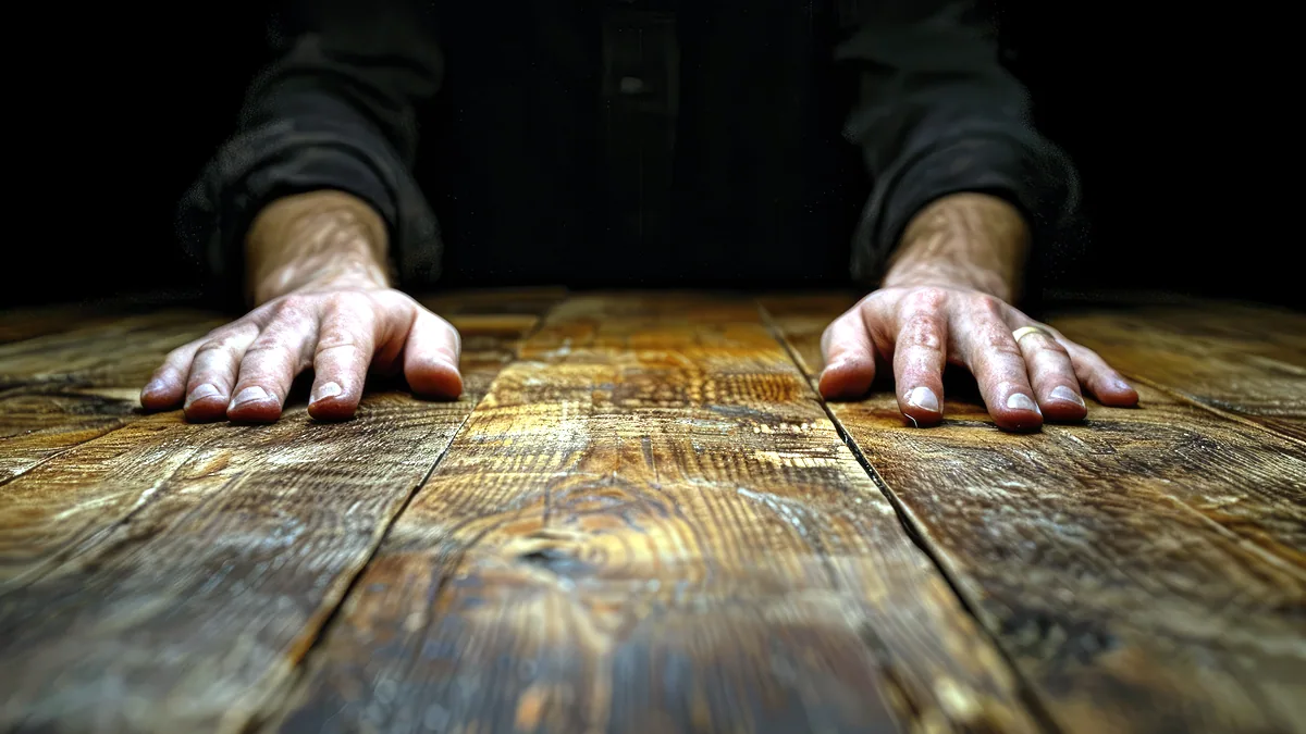 Two pairs of hands resting together on a wooden cafe table.