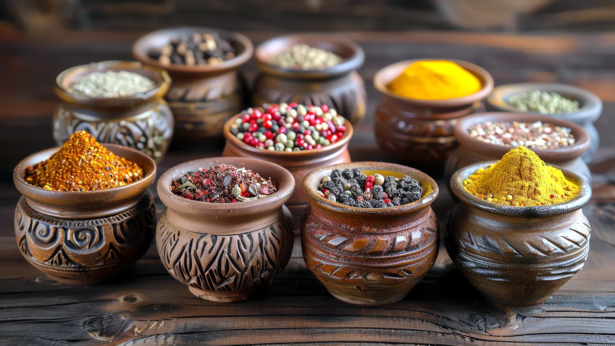 Small clay bowls filled with turmeric, cumin and cinnamon in warm light.