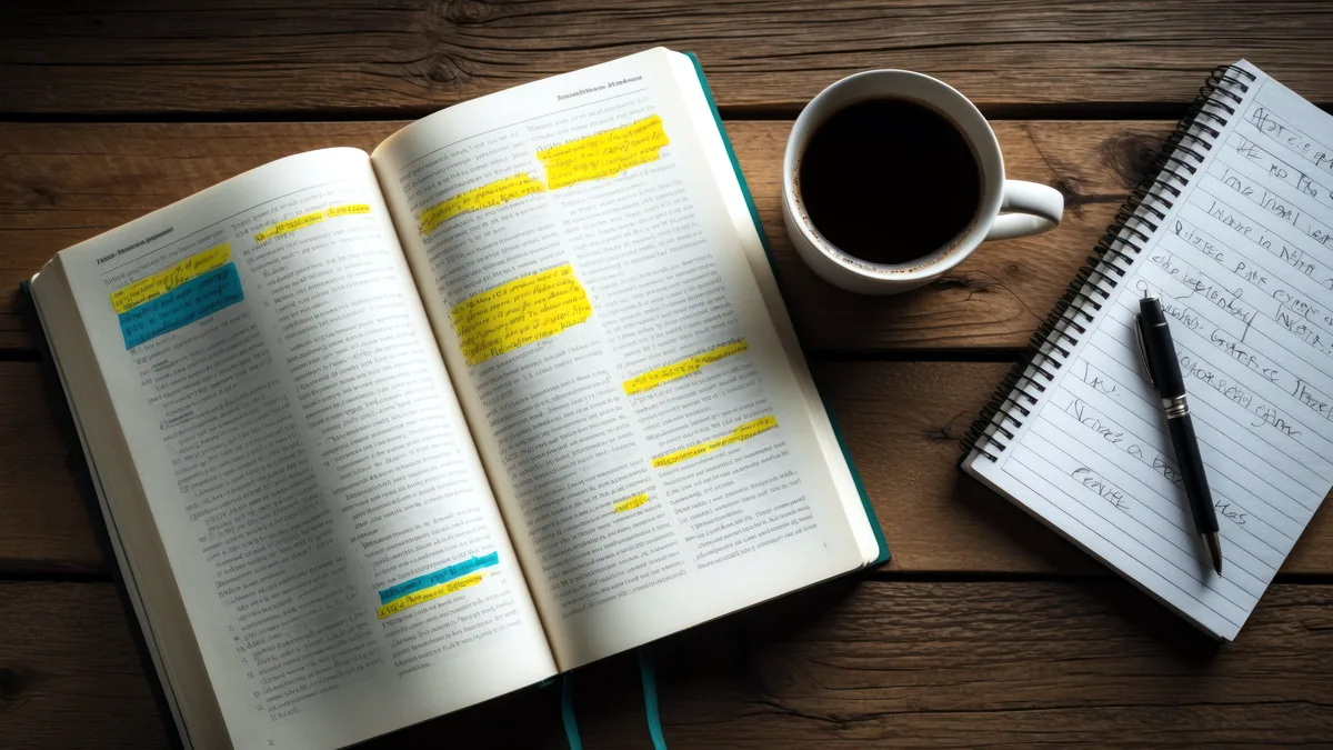 An open notebook with highlighted sections and sticky notes on the margin.