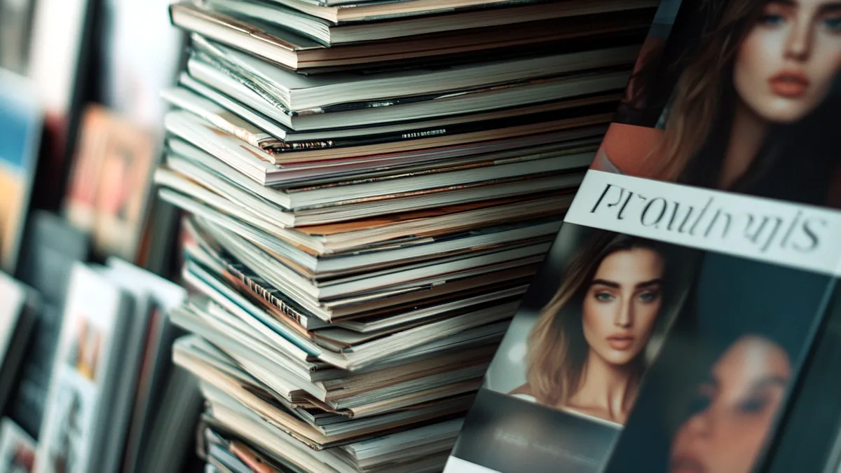 A small stack of fashion magazines with a coffee cup on a side table.