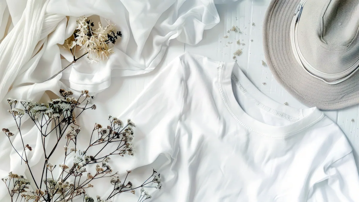 A carefully arranged flat lay of a layered outfit on a linen surface.