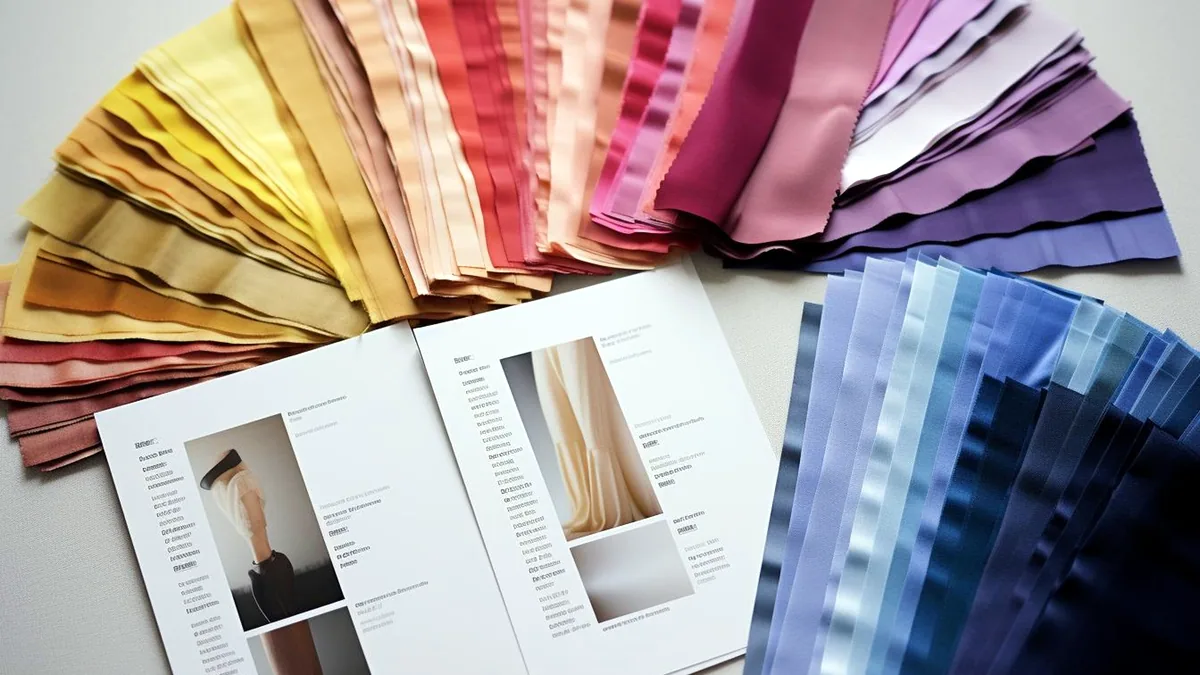 An open notebook surrounded by fabric swatches and a pencil on a desk.