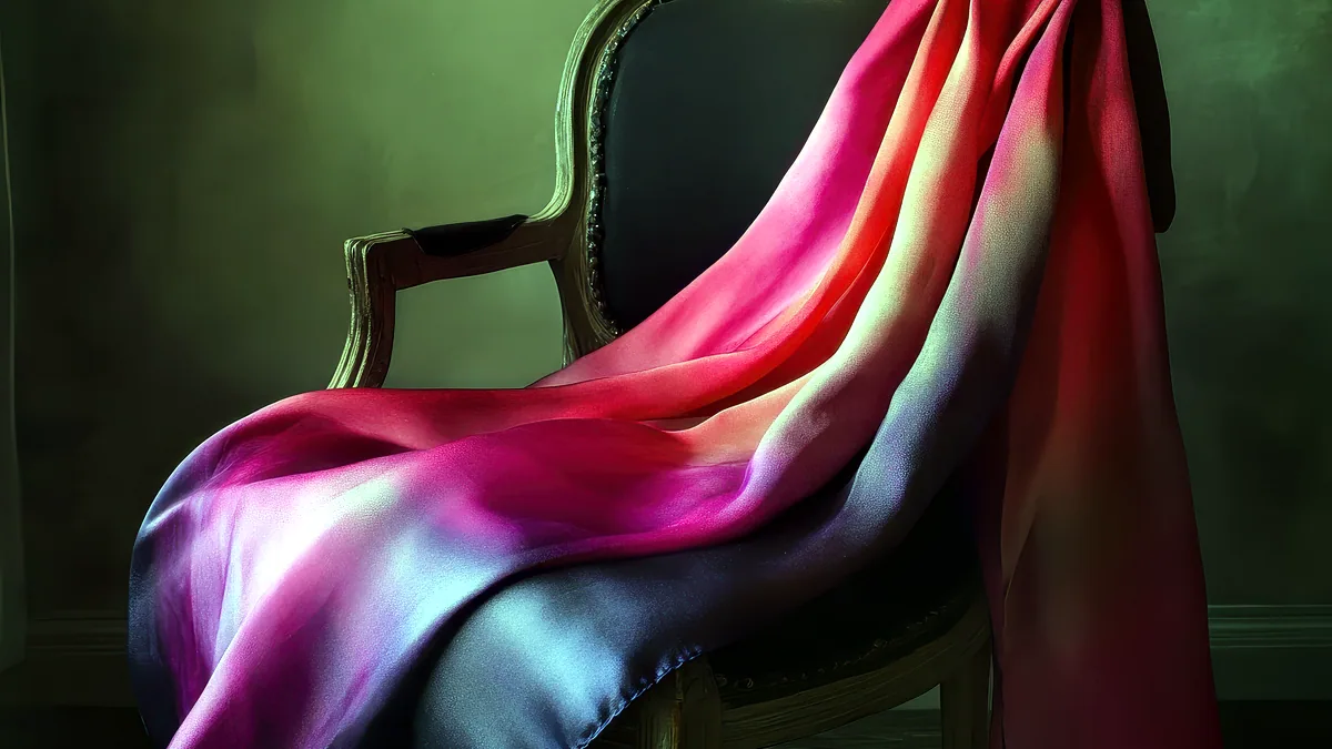 A silk scarf draped over a wooden chair back with morning light beside it.